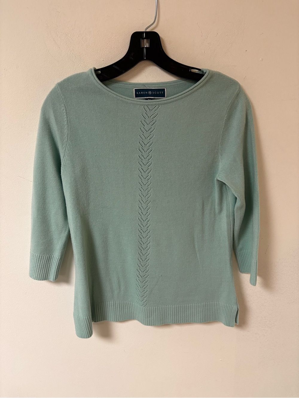 Karen Scott Mint Green Boatneck Knit Sweater Pointelle Detail PS